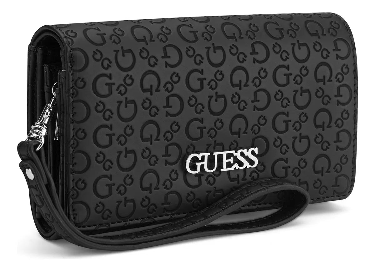 Billetera Guess Acabado De Los Herrajes Niquel Color Negro Diseño De La Tela Liso