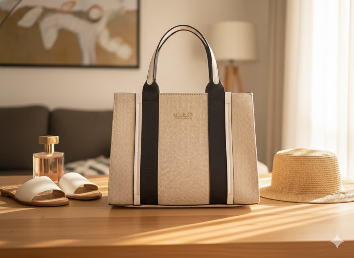 Bolso Carryall GUESS Beige doble asa negro